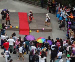 שטיח אדום עם קוספליי שהולך עליו עם קהל מסביבו מצלם, קוספליירים נוספים מחכים בתור.